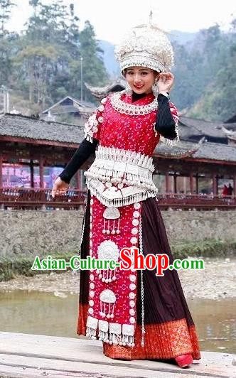 Traditional Chinese Miao Minority Costumes Hmong Female Embroidered Dress and Headpiece Complete Set