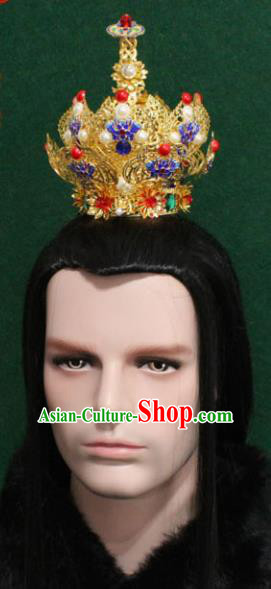 Chinese Traditional King Hair Accessories Ancient Tang Dynasty Emperor Blueing Chrysanthemum Hairdo Crown for Men
