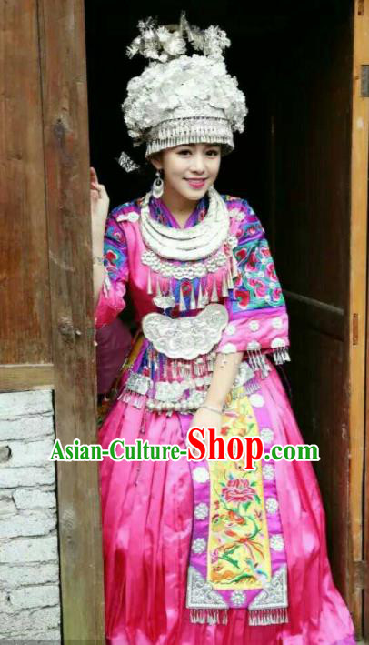 Traditional Chinese Miao Minority Wedding Costumes Hmong Embroidered Pink Dress and Sliver Headpiece for Women