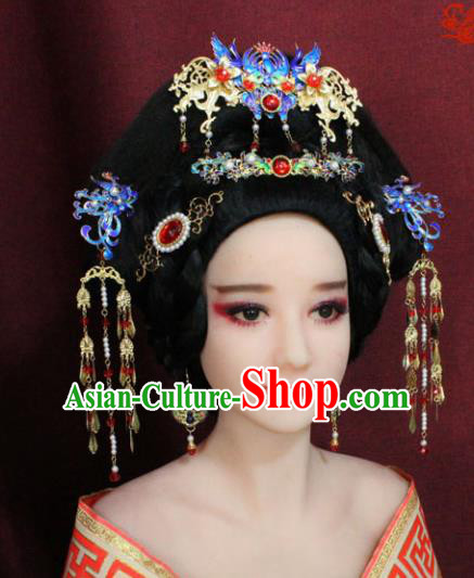 Chinese Ancient Princess Hair Accessories Palace Lady Blueing Phoenix Coronet Hairpins for Women