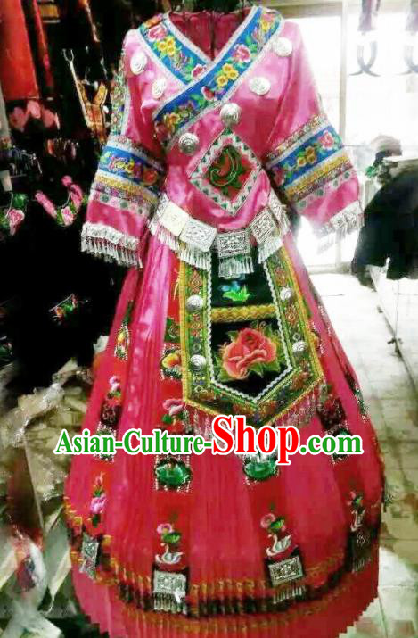 Traditional Chinese Miao Minority Wedding Costumes Hmong Embroidered Pink Dress for Women