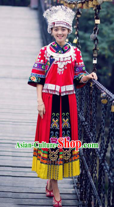 Chinese Traditional Miao Minority Dance Embroidered Costumes and Hat Complete Set for Women