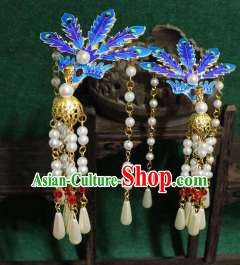 Chinese Ancient Empress Handmade Hair Accessories Blueing Phoenix Tassel Hairpins for Women