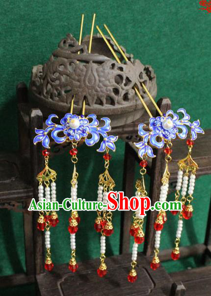 Chinese Ancient Empress Handmade Hair Accessories Blueing Chrysanthemum Hairpins for Women