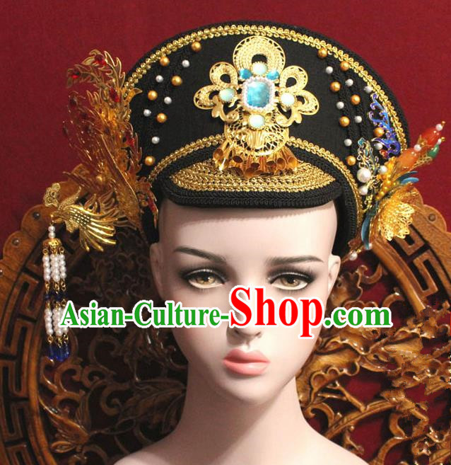 Chinese Ancient Qing Dynasty Empress Handmade Golden Phoenix Coronet Hair Accessories Hairpins for Women