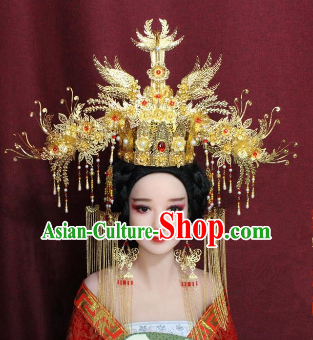 Chinese Ancient Ming Dynasty Empress Hair Accessories Golden Tassel Phoenix Coronet Hairpins for Women