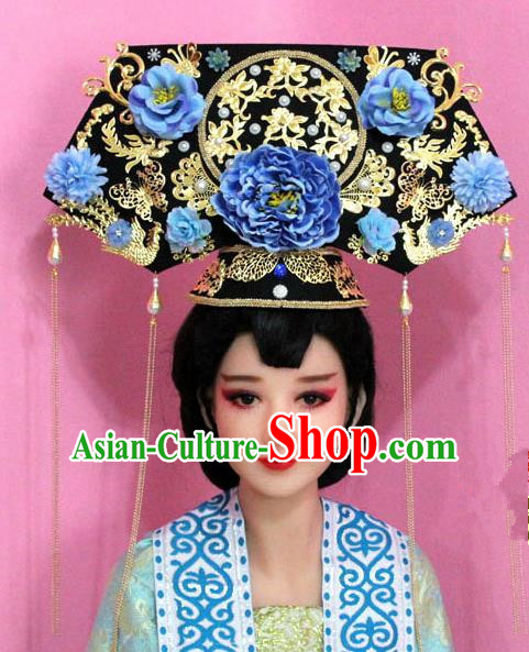Chinese Handmade Qing Dynasty Princess Hairpins Ancient Blue Peony Phoenix Coronet Hair Accessories for Women