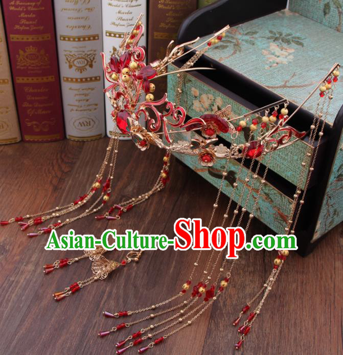 Chinese Ancient Bride Hair Accessories XiuHe Suit Red Phoenix Coronet Hanfu Handmade Hairpins for Women
