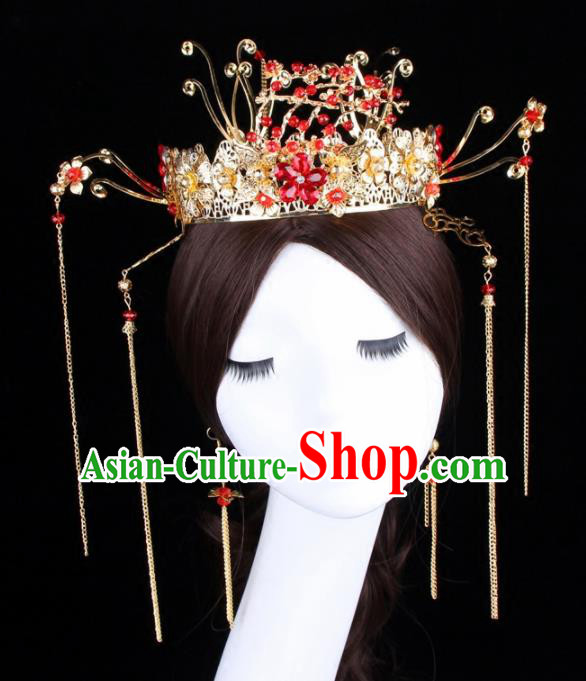 Chinese Ancient Bride XiuHe Suit Phoenix Coronet Hair Accessories Hanfu Handmade Hairpins Complete Set for Women