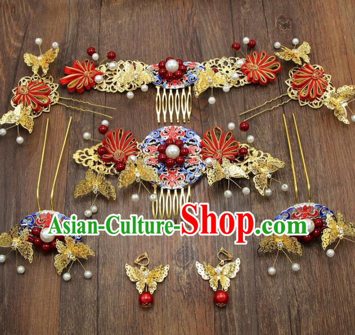 Chinese Ancient XiuHe Suit Cloisonne Hair Combs Hair Accessories Bride Handmade Hairpins Complete Set for Women