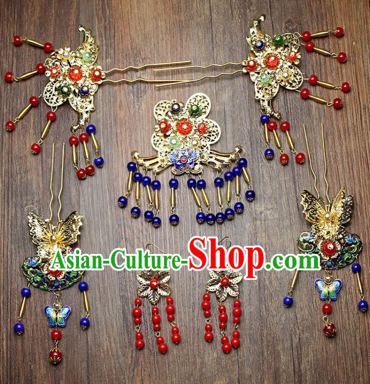 Chinese Ancient XiuHe Suit Handmade Blueing Butterfly Hairpins Hair Accessories Complete Set for Women