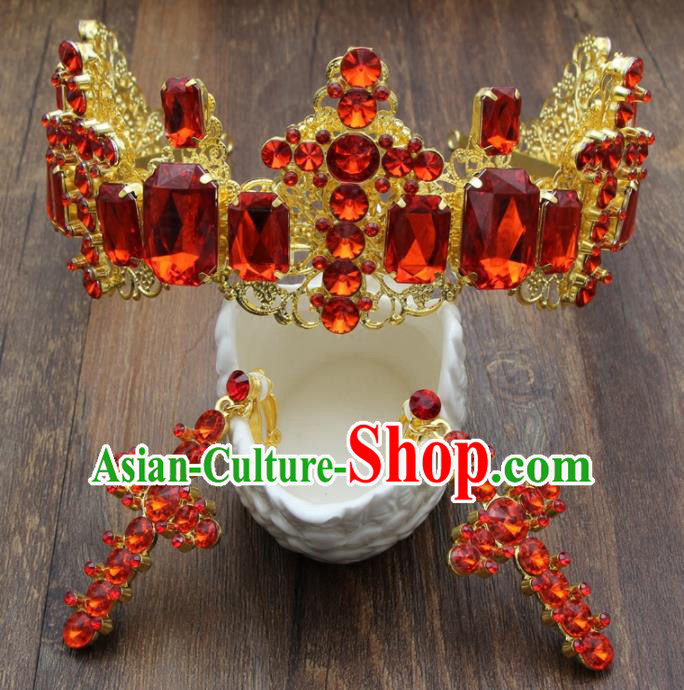 Top Grade Bride Hair Accessories Wedding Red Crystal Royal Crown and Earrings for Women