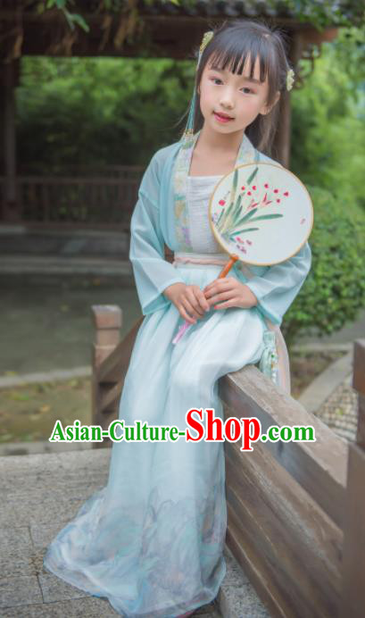 Traditional Chinese Ancient Costumes Song Dynasty Princess Blue Hanfu Dress for Kids
