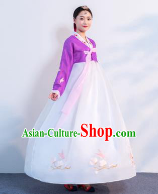 Asian Korean Traditional Costumes Korean Hanbok Purple Embroidered Blouse and White Skirt for Women
