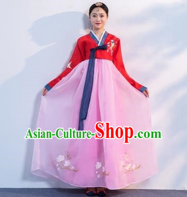 Asian Korean Traditional Costumes Korean Hanbok Red Embroidered Blouse and Pink Skirt for Women