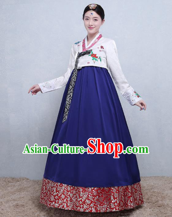 Asian Korean Traditional Costumes Korean Palace Hanbok Embroidered White Blouse and Blue Skirt for Women