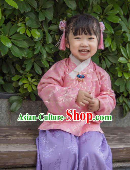 Traditional Chinese Ancient Costumes Ming Dynasty Princess Clothing Pink Blouse and Purple Skirt for Kids