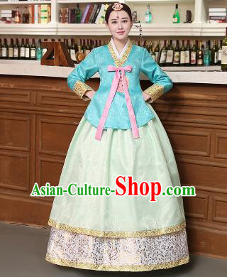 Korean Traditional Costumes Asian Korean Hanbok Palace Bride Embroidered Blue Blouse and Green Skirt for Women