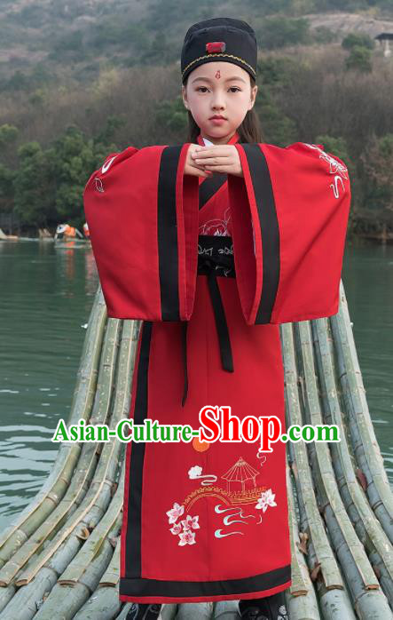 Traditional Chinese Ancient Scholar Costumes Han Dynasty Minister Red Embroidered Robe for Kids