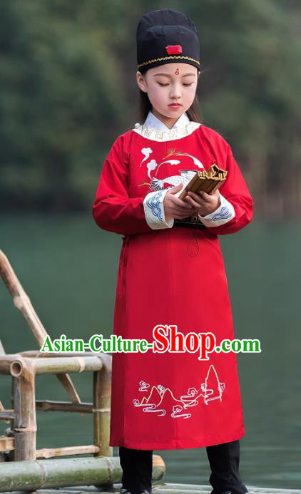 Traditional Chinese Ancient Scholar Costumes Tang Dynasty Swordsman Red Embroidered Robe for Kids