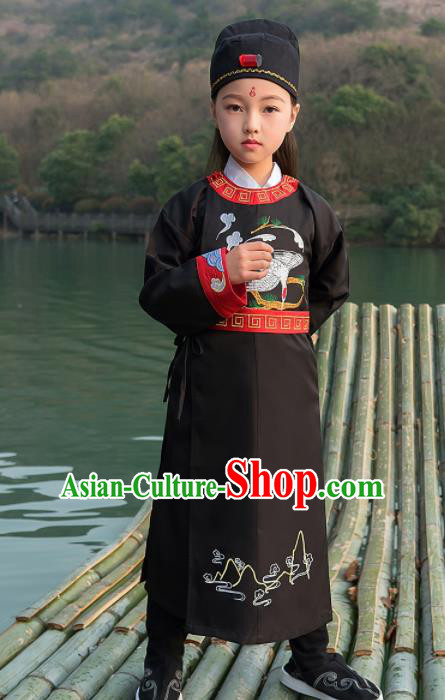 Traditional Chinese Ancient Scholar Costumes Tang Dynasty Swordsman Black Embroidered Robe for Kids