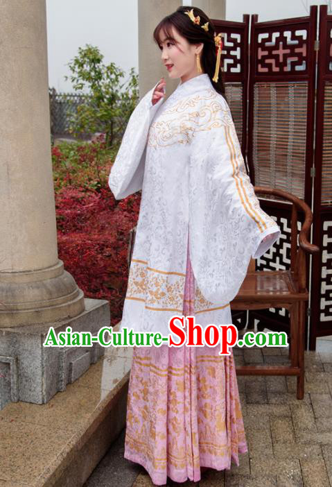 Traditional Chinese Ancient Ming Dynasty Palace Princess Costumes White Cloak and Pink Skirt for Women