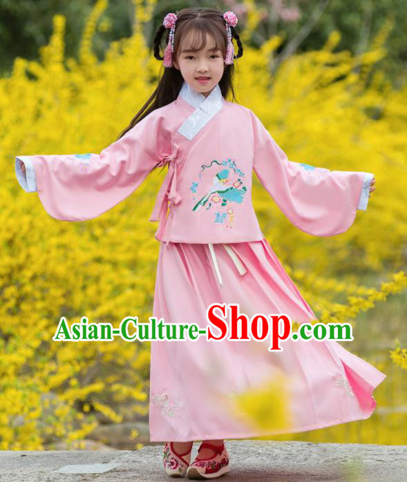 Traditional Chinese Ancient Ming Dynasty Princess Costumes Pink Blouse and Skirt for Kids