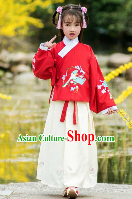 Traditional Chinese Ancient Ming Dynasty Princess Costumes Red Blouse and White Skirt for Kids