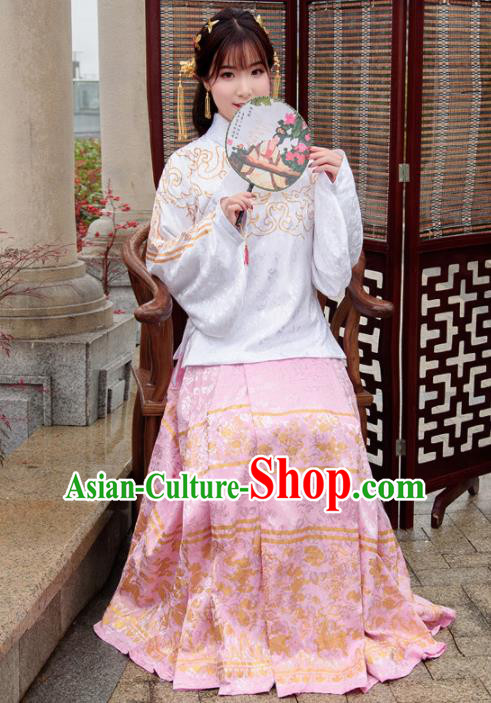 Traditional Chinese Ancient Hanfu Dress Ming Dynasty Princess Costumes White Blouse and Pink Skirt for Women