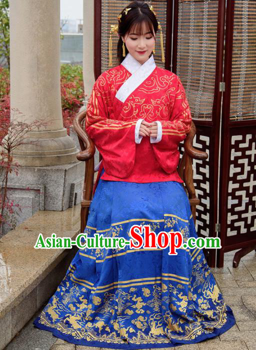 Traditional Chinese Ancient Hanfu Dress Ming Dynasty Princess Costumes Red Blouse and Blue Skirt for Women