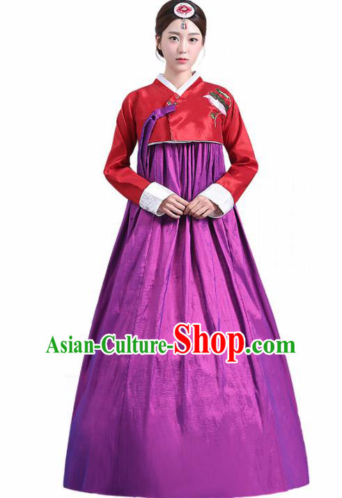 Traditional Korean Costumes Asian Korean Palace Hanbok Red Blouse and Purple Skirt for Women