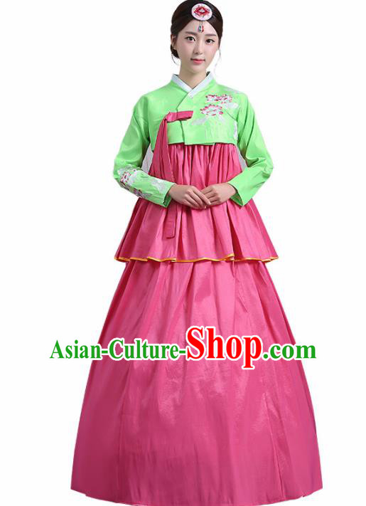 Traditional Korean Costumes Asian Korean Palace Hanbok Green Blouse and Pink Skirt for Women