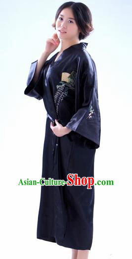 Traditional Japanese Costumes Asian Japan Kimono Black Silk Yukata for Women