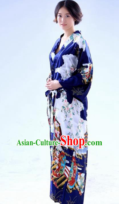 Traditional Japanese Costumes Asian Japan Kimono Printing Navy Yukata for Women