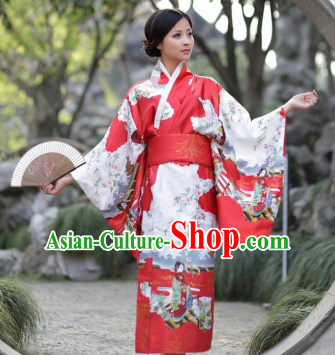 Traditional Japanese Costumes Asian Japan Kimono Printing Red Furisode Yukata for Women