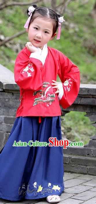 Traditional Chinese Ancient Ming Dynasty Costumes Red Blouse and Navy Skirt for Kids