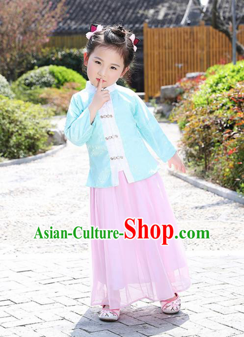 Chinese Ancient Ming Dynasty Costumes Traditional Green Blouse and Pink Skirt for Kids