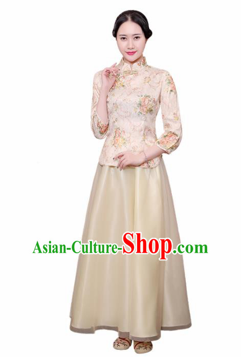 Chinese Ancient Nobility Lady Costumes Traditional Embroidered Yellow Qipao Blouse and Skirt for Women