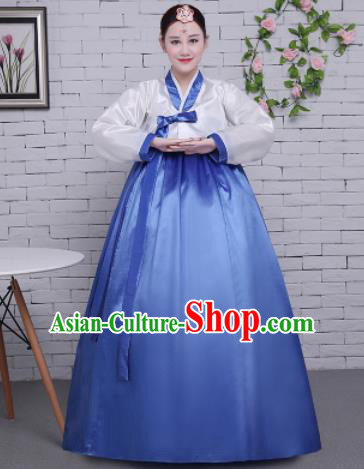 Korean Traditional Palace Costumes Asian Korean Hanbok Bride White Blouse and Blue Skirt for Women