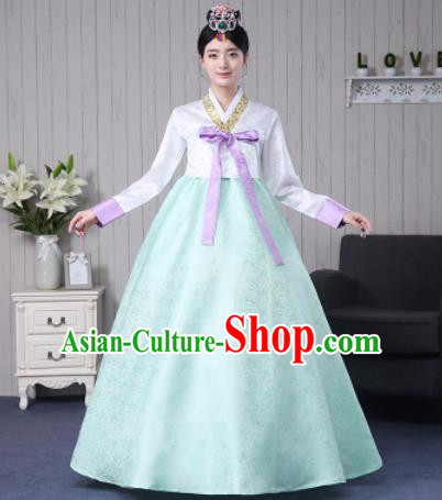 Traditional Korean Palace Costumes Asian Korean Hanbok Bride White Blouse and Green Skirt for Women