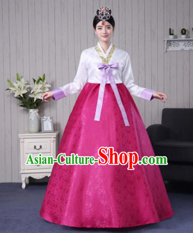 Traditional Korean Palace Costumes Asian Korean Hanbok Bride White Blouse and Rosy Skirt for Women