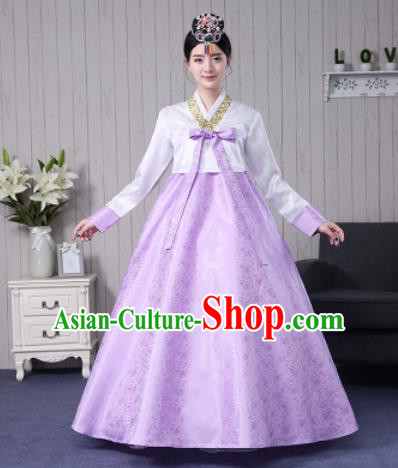 Traditional Korean Palace Costumes Asian Korean Hanbok Bride White Blouse and Lilac Skirt for Women