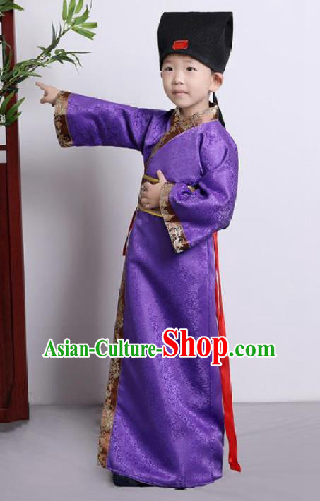 Chinese Ancient Scholar Costumes Traditional Purple Robe for Kids