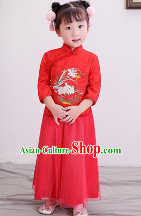 Chinese Ancient Republic of China Children Costumes Traditional Red Blouse and Skirt for Kids