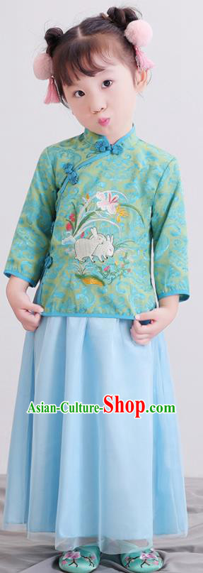 Chinese Ancient Republic of China Children Costumes Traditional Green Blouse and Skirt for Kids