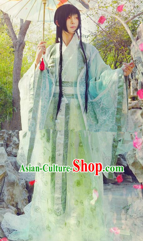 Chinese Ancient Swordsman Green Hanfu Han Dynasty Nobility Childe Costume for Men