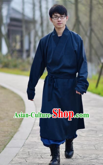 Chinese Ancient Traditional Ming Dynasty Taoist Priest Costume Monk Navy Robe for Men