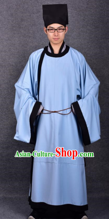 Chinese Ancient Traditional Song Dynasty Scholar Costumes Blue Robe for Men