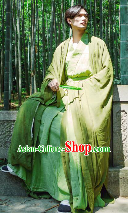 Chinese Ancient Traditional Jin Dynasty Scholar Swordsman Hermit Green Costumes for Men