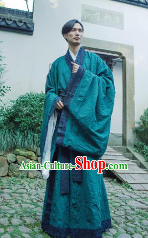Chinese Ancient Traditional Han Dynasty Green Cloak Scholar Swordsman Costumes for Men